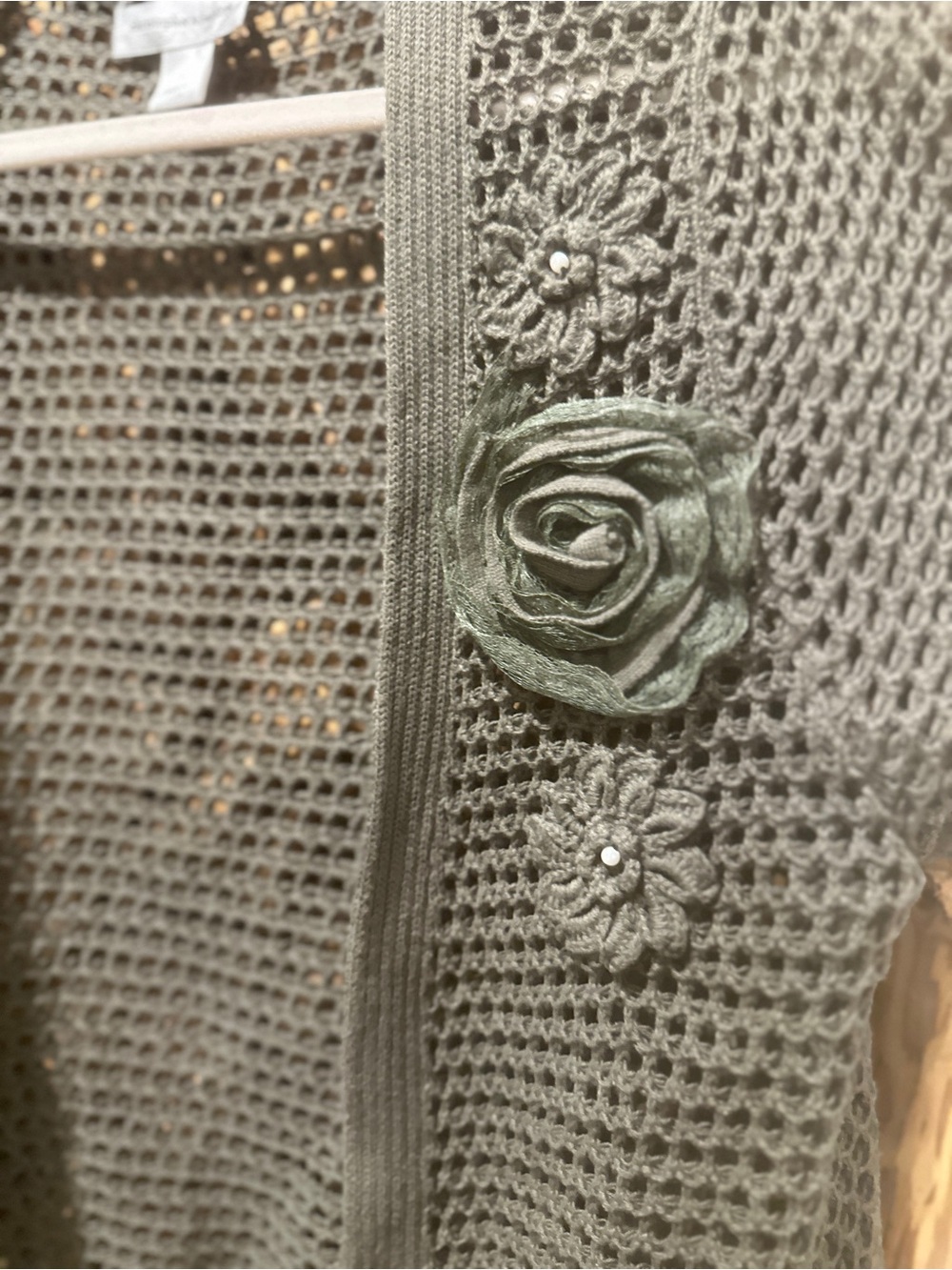 Christopher & Banks Olive Green Crochet Short-Sleeve Open Cardigan - Picture 2 of 4